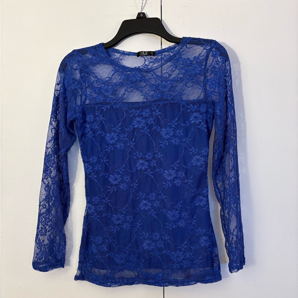 AX Paris Blue Long Sleeve Top with Sheer Mesh Overlay M/L RUNS SMALL